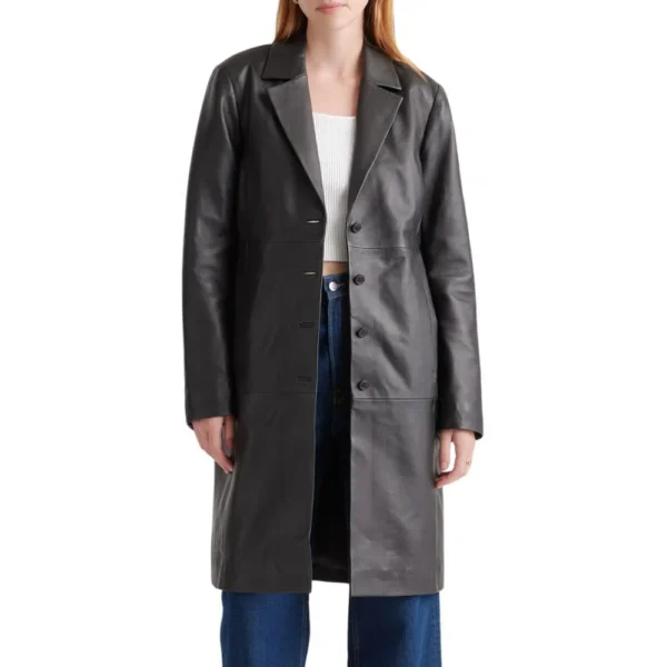 Real Lambskin Black Leather Trench Coat Womens