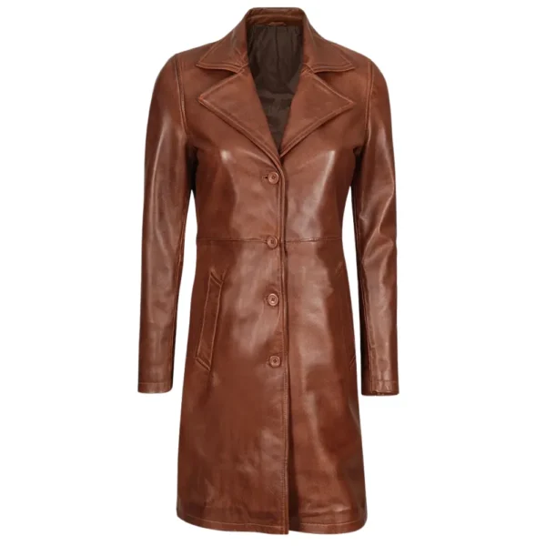 Real Lambskin Petite Brown Leather Coat Womens - Image 2